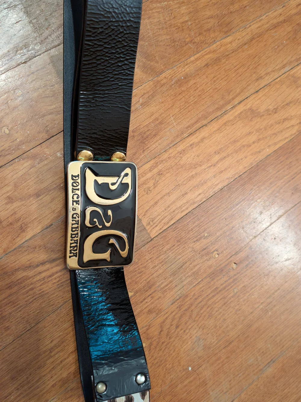 D&G Black Leather Belt with Black and Gold Logo Buckle
